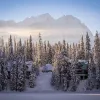 Wide shot of snowy forest, houses covered, mountains in distance.