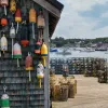 Shot of wooden fishing shack, buoys, small boats, lobster/crab traps.