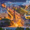 Bird's eye shot of Plaça d'Espanya, Barcelona. Lights illuminating.