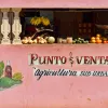 Fruit stand with pink walls and fruit on a shelf