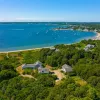 drone shot of green trees and houses on the coast