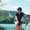 Cyclist pauses beside a turquoise lake with a church-topped island visible in the background. Forested hills and calm waters frame the scenic setting beneath a bright blue sky.