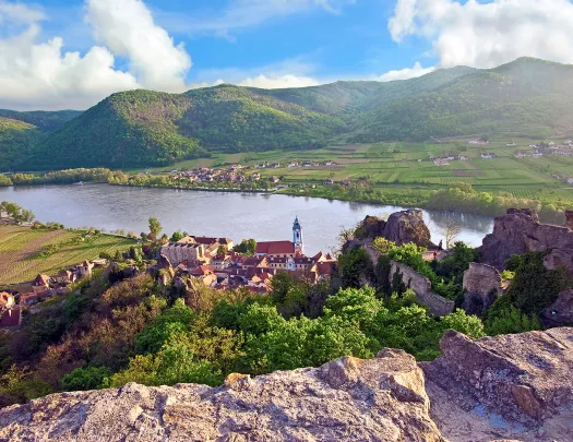 Aerial view of Durnstein, Austria, Wachau Valley, Danube River.