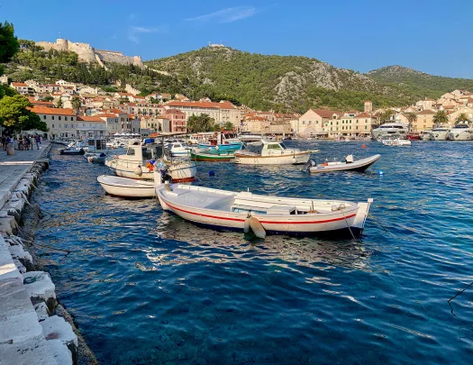 Coastal town and houses, boats scattered about.