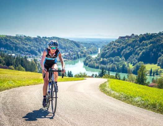 Biker riding up a hill with lush European countryside landscape in background.