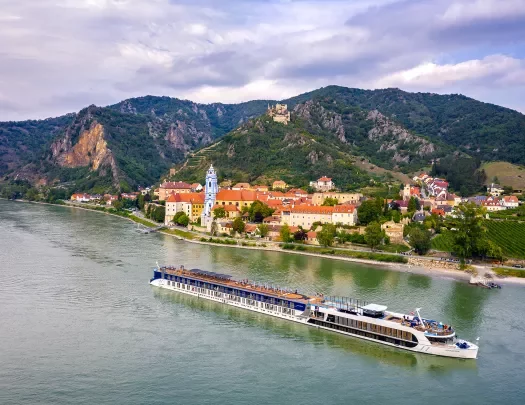 Aerial view of the Amareina cruise ship on the Danube river.