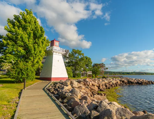 Shot of Canadian coastline, small red lighthouse.