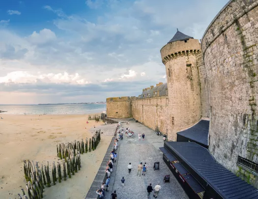Saint Malo beach and City Medieval Architecture During Low Tide. Brittany, France