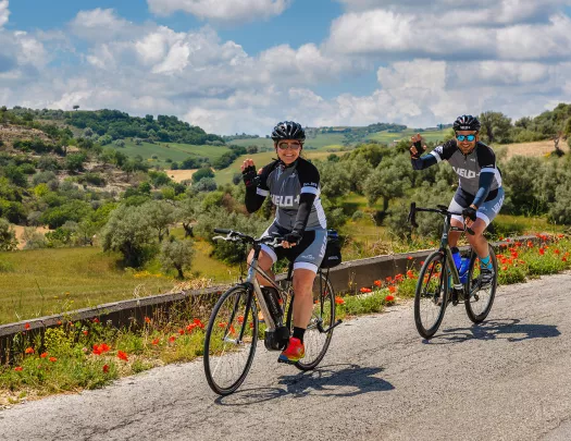 Two Backroads guests biking on path