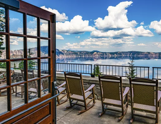 Wide shot of the view at The Crater Lake Lodge.