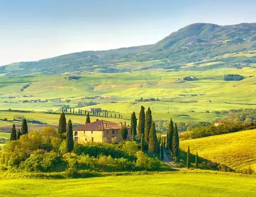 Wide shot of Tuscan countryside.