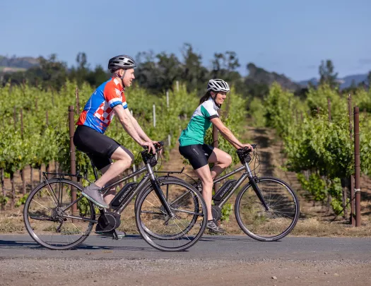 Two guests on e-bikes riding past vineyard.