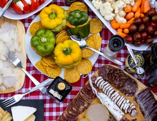 Lunch spread, veggies, cured meats, cheese, etc.