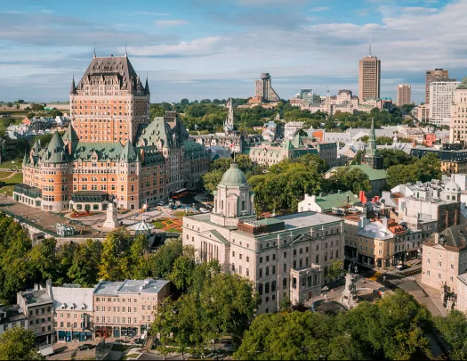 Bird's eye shot of Quebec, Fairmont at center.