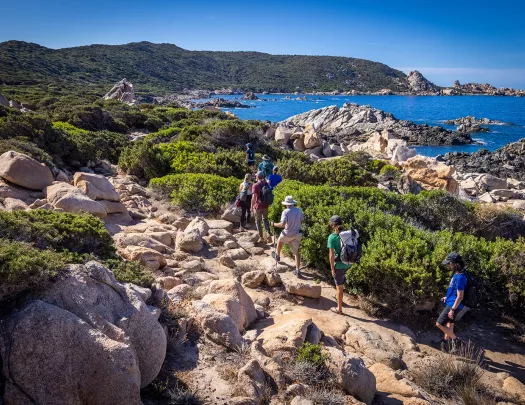 Eight guests hiking on rocky shore, ocean to their right, hills in distance.