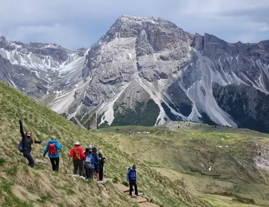 Group of guests hiking down mountain trail. Dolomites in background.