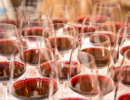 Numerous glasses of red wine.