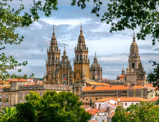 POV shot of Cathedral of Santiago de Compostela, taken from distant treeline.