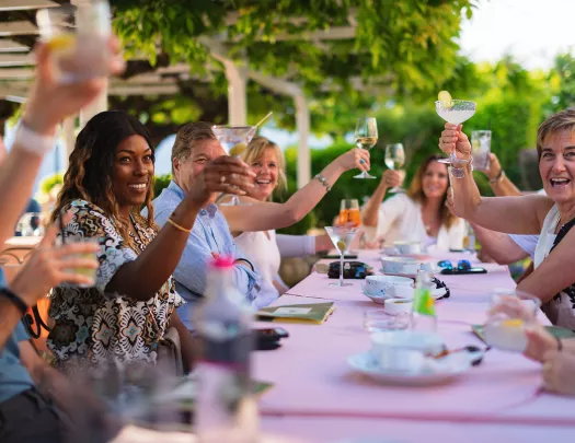 Group of guests cheersing glasses at meal.