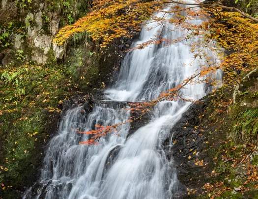 Waterfall flowing in a valley in Japan in the fall
