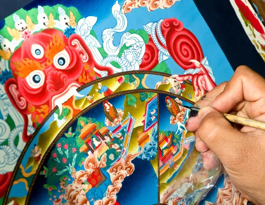 Artist Painting a Colorful Thangka in Kathmandu Valley