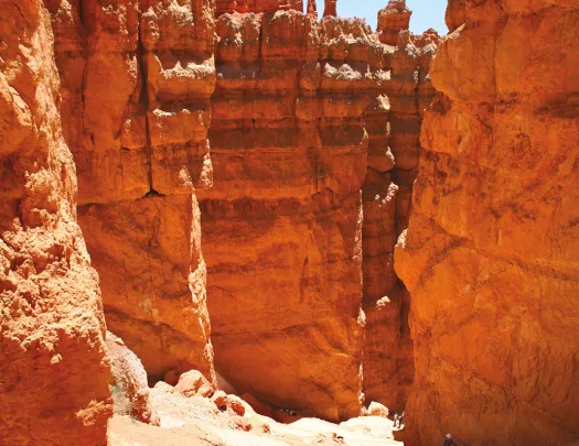 Hikers walking along rock formations