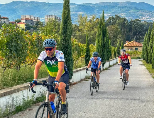 Three people riding bikes on a concrete road