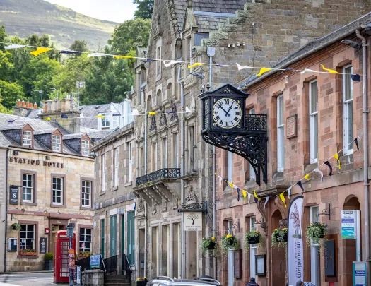 street lined with historic stone buildings