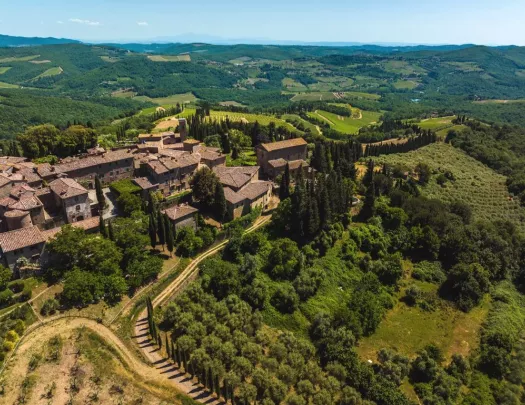 Sky view of brown brick buildings surrounded by a valley of trees and crops