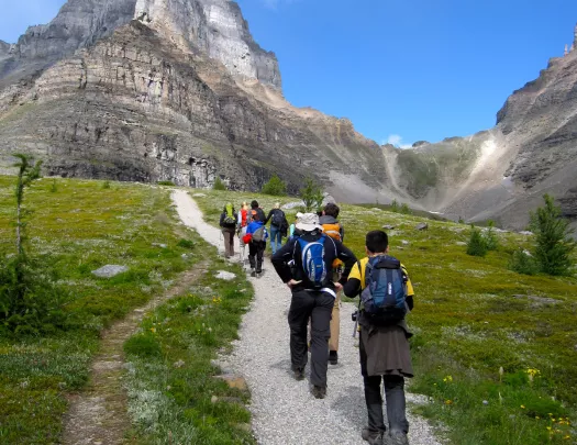 backroads guests walking on trail to mountain