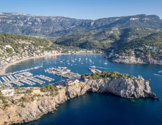 Seaside port full of boats and a small cluster of buildings