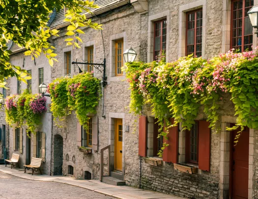 Rustic, brick buildings with green shrubs