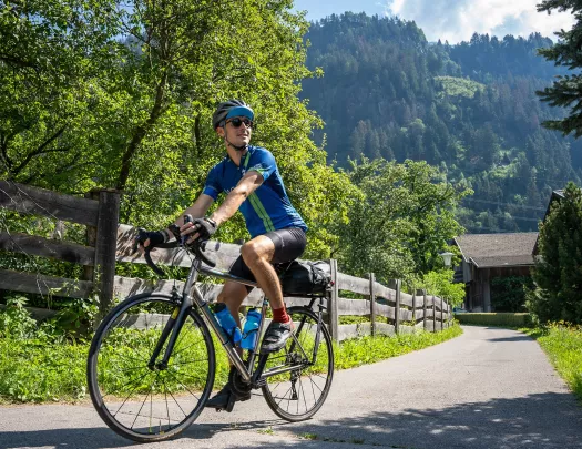 Person riding a bike on an empty road with a large forest in the background