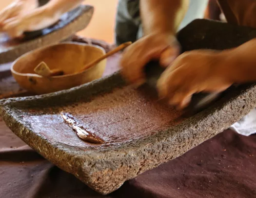 Person using a flat mortar and pestle