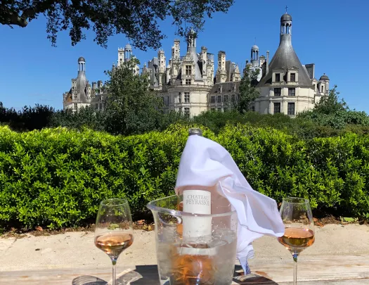 Bottle of wine in an ice bucket, with a castle-like building in the background