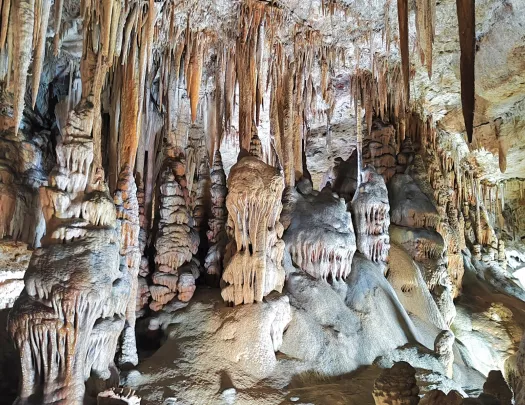 Inside view of a cave with large rocks