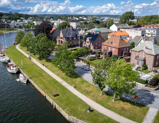 Brick houses along the water shore