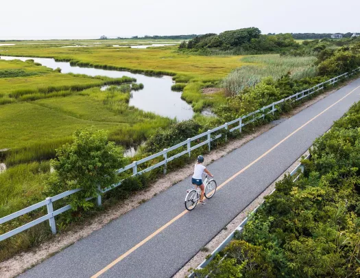 Woman riding a bike on an empty road, with a marsh in the distance