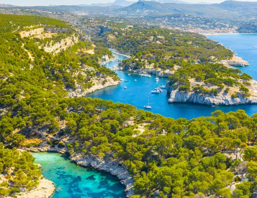 Drone shot of coves of blue water