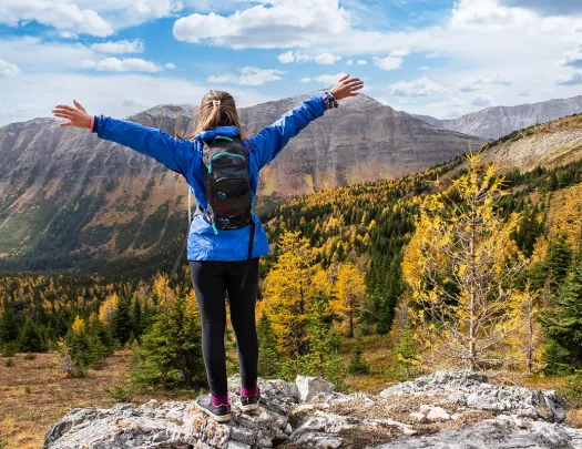 Woman wearing a blue jacket on top of a cliff with her arms wide open