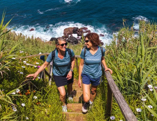 Two women walking up stairs on a grassy hill, with the ocean in the background
