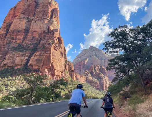 Two people biking on an empty road, surrounded by trees and tall canyons