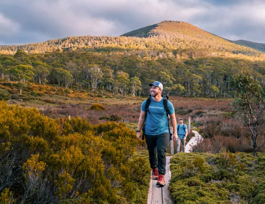 Man walking across a path surrounded by trees and plants