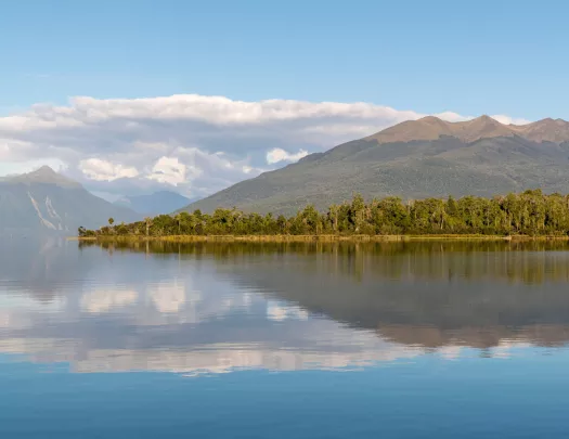 Large lake with hills in the background