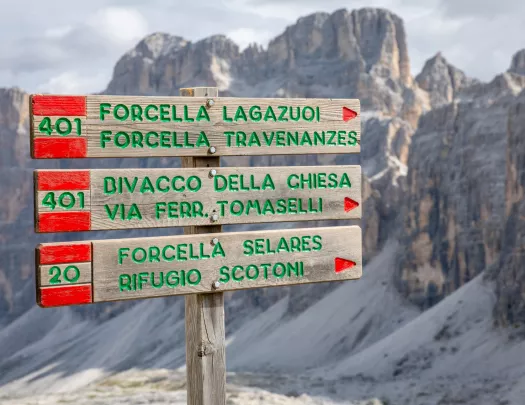 Wooden signs on top of a mountain with larger mountains in the background