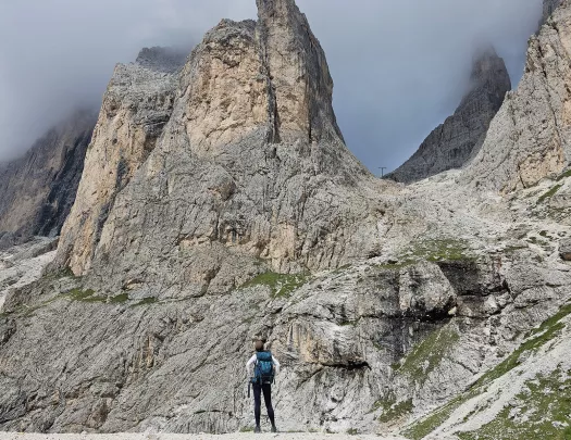 Person looking up to large mountains