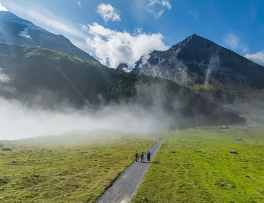 backroads guests walk down a path towards a mountain