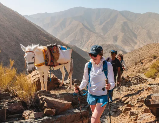 Group of people smiling while hiking next to a white horse