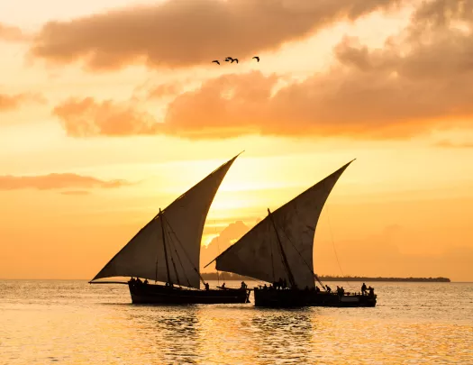 Two boats in the ocean with the sunset in the background