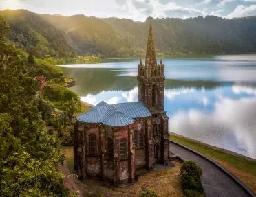 Capela de Nossa Senhora das Vitorias Church next to Volcano Crater on Sao Miguel, Azores, Portugal.